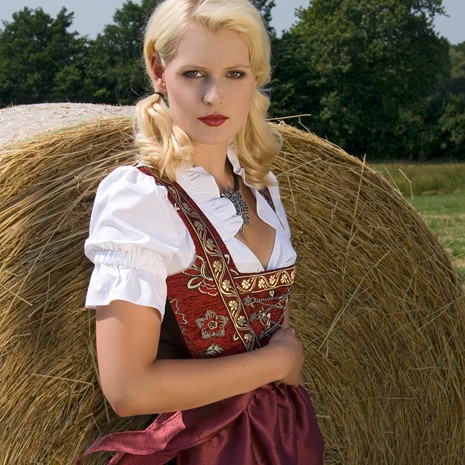 Burgunderrotes Dirndl mit detaillierter Stickerei und weißer Bluse, präsentiert im Freien.